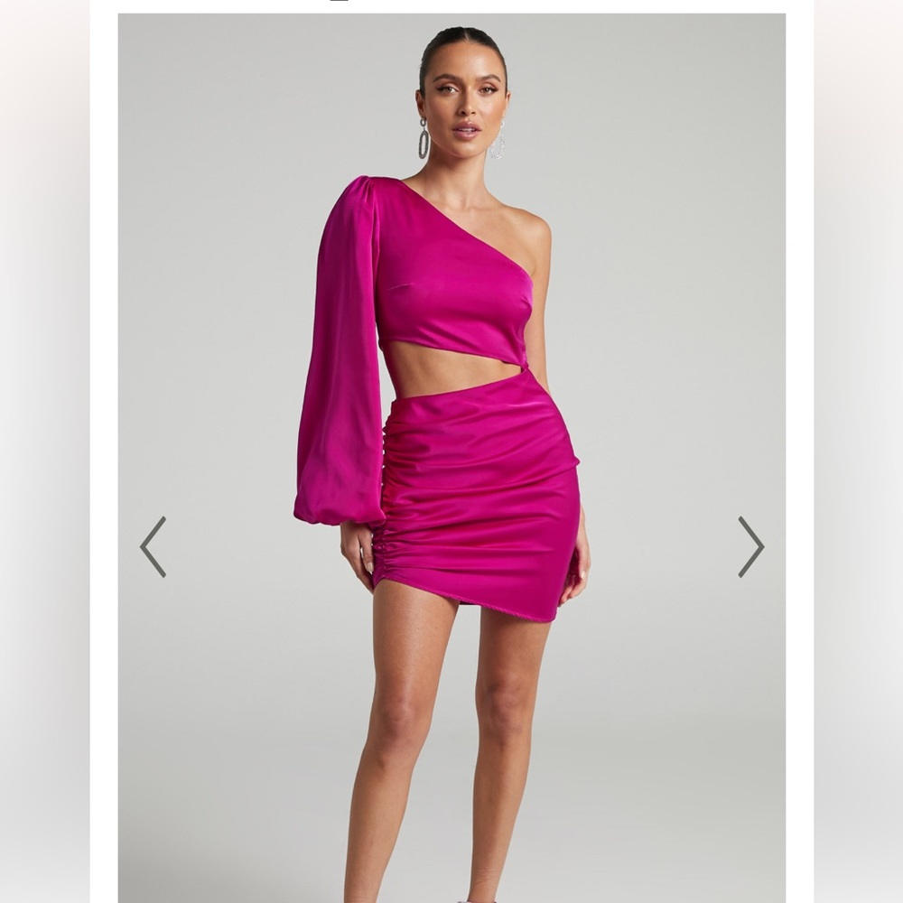 Showpo Rayanna One Shoulder Satin Long Sleeve Cut Out Mini Dress in Fuschia - Picture 6 of 10